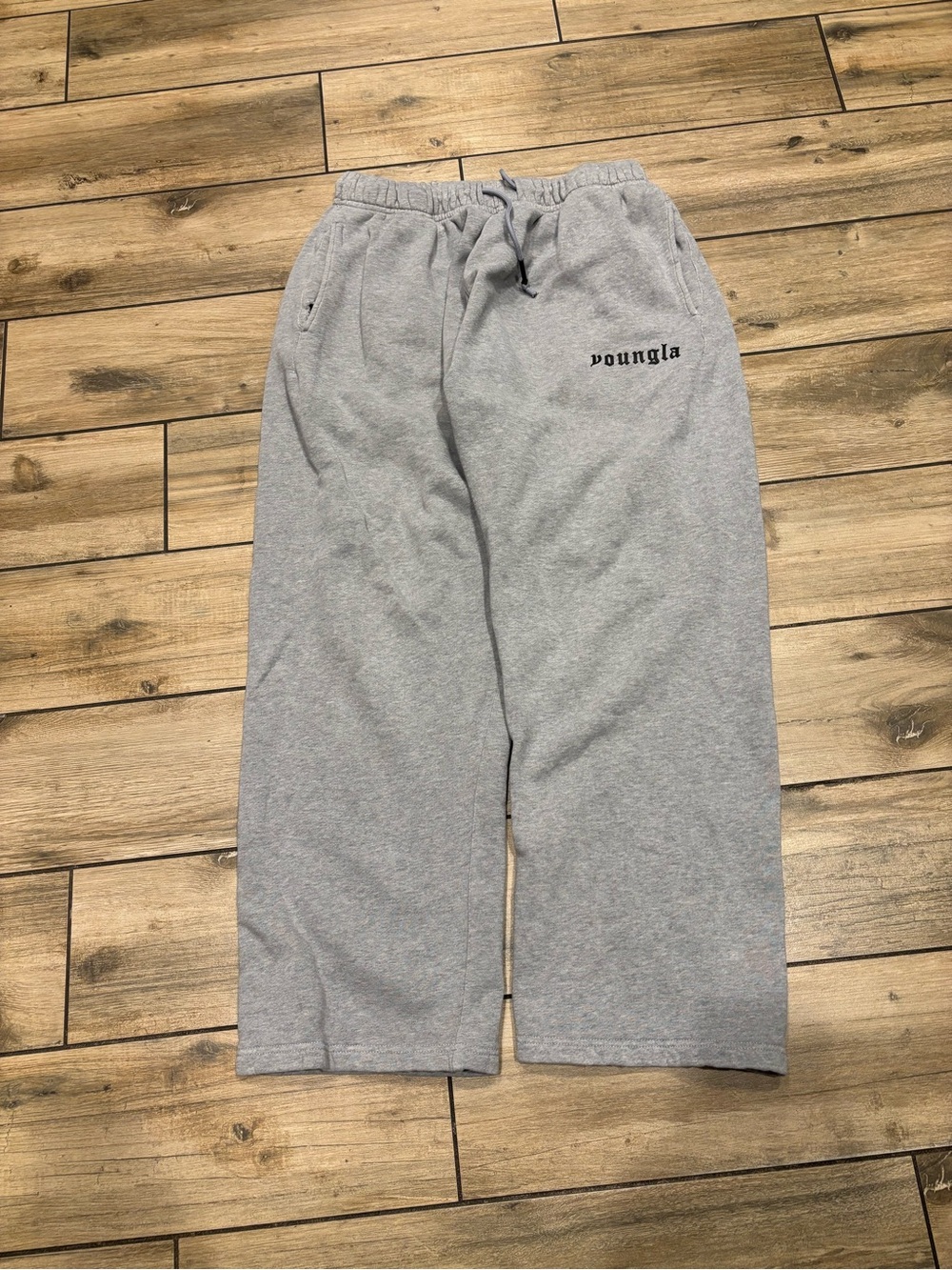 Super Baggy YoungLA Grey Embroidery Logo Fleece Sweatpants Size XL Distressed